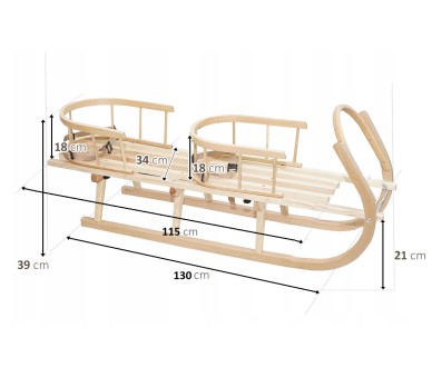 Sanki CLASSIC drewniane z oparciem i śpiworkiem wełnianym - BRĄZ LEN