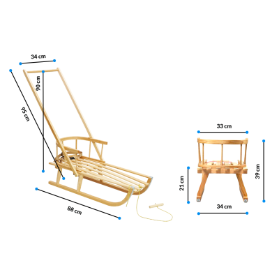 Sanki drewniane z oparciem i pchaczem dla dziecka Polskie na Prezent Zima